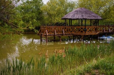 Purcari, Moldova 27.04.2022 pavyon, yazlık odun, yeşillik, ahşap köprü, göl, logo, beyaz kuğu, belvedere, üzüm bağı, çardak, rahat bir yer. Göl kıyısındaki ahşap ağaç ve iskele.