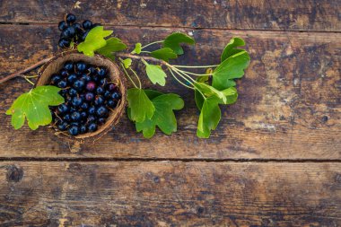 Ahşap bir arka planda izole edilmiş bir kasede kara frenk üzümü. Frenk üzümü. Üst görünüm