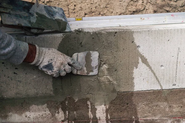 Man Builds Concrete Blockslightweight Concrete Block Bricks Used Construction New — Stockfoto