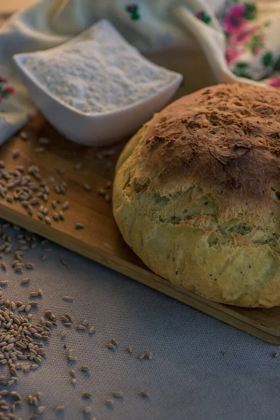 Fresh Baked Bread Homemade Sourdough Close Shot Bread Sackcloth Loaves — Photo