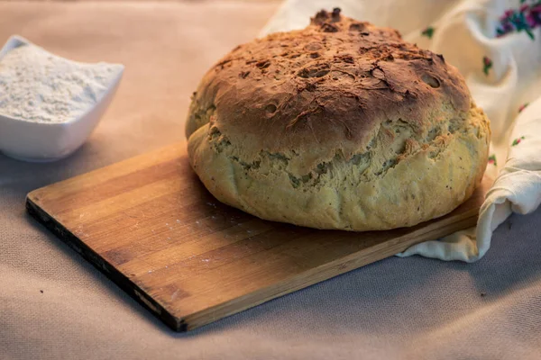 Fresh Baked Bread Homemade Sourdough Close Shot Bread Sackcloth Loaves — Photo