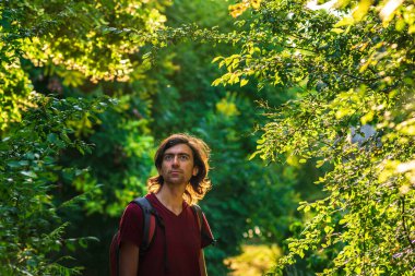 Portrait of the young handsome brutal handsome man long hair sunset, Burgundy Red T-shirt swarthy backpack back travel turist nature forest backlight  green caucasian