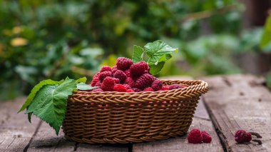 Taze organik olgun ahududu ahşap masa örülmüş sepet meyvesi,