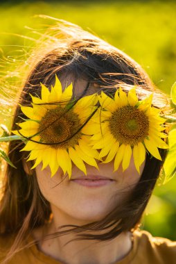 Sarı ayçiçeği tarlalarındaki kız yüzünde bir ayçiçeğiyle gülüyor.