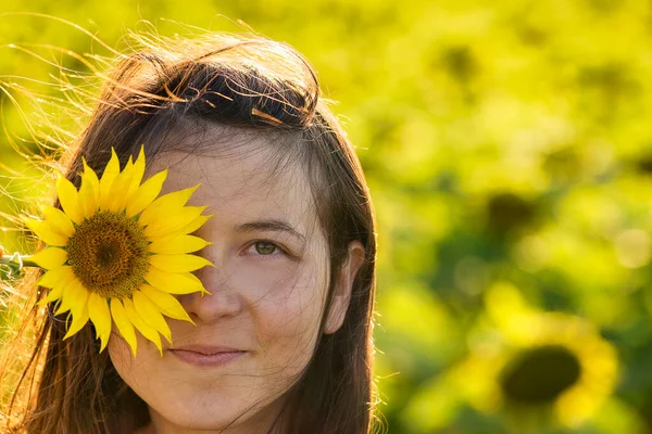 Girl Yellow Sunflower Fields Young Woman Laughs Sunflower Her Face — 스톡 사진