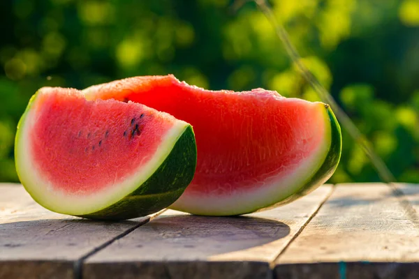 Delicious Refreshing Watermelon Outdoors Wooden Table Green Natural Background Slice — ストック写真