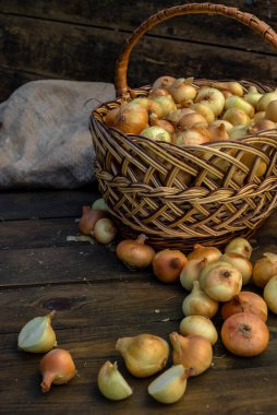 Tahta masada taze kırmızı soğan, üst görünüm, organik gıda kahverengi dilimler, hasır sepetin dışındaki sade ham kesim tahtası Ampul Gıda yerel çiftçi marketini içeriyor