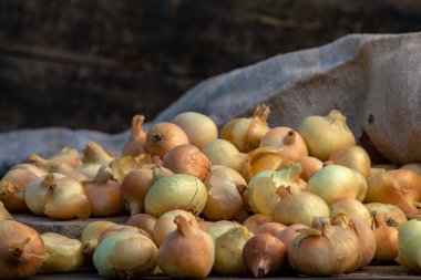 Tahta masada taze kırmızı soğan, üst görünüm, organik gıda kahverengi dilimler, hasır sepetin dışındaki sade ham kesim tahtası Ampul Gıda yerel çiftçi marketini içeriyor