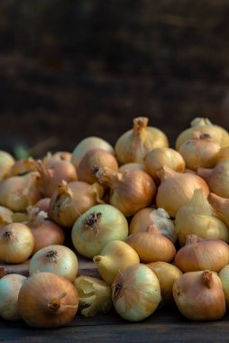 Tahta masada taze kırmızı soğan, üst görünüm, organik gıda kahverengi dilimler, hasır sepetin dışındaki sade ham kesim tahtası Ampul Gıda yerel çiftçi marketini içeriyor