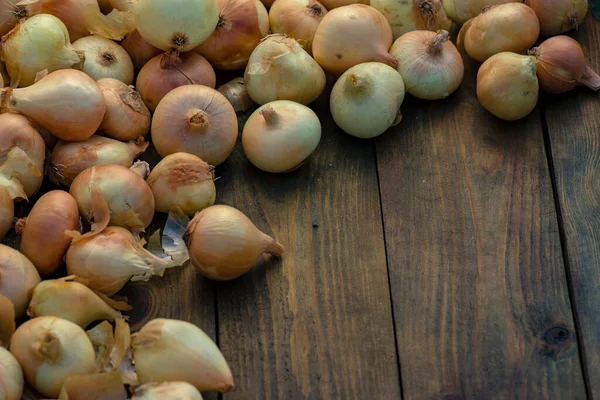 Tahta masada taze kırmızı soğan, üst görünüm, organik gıda kahverengi dilimler, hasır sepetin dışındaki sade ham kesim tahtası Ampul Gıda yerel çiftçi marketini içeriyor