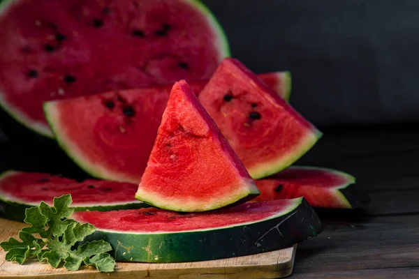 Delicious Watermelon Outdoors Wooden Table Green Natural Background Slice Sunny — 스톡 사진