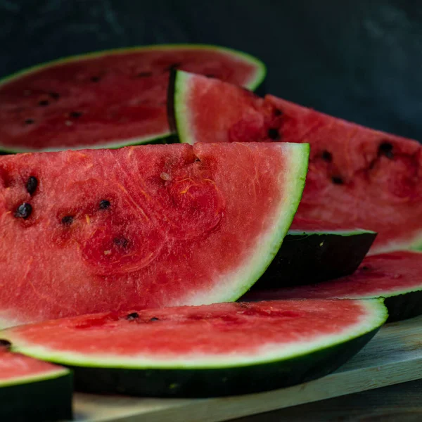 Delicious Watermelon Outdoors Wooden Table Green Natural Background Slice Sunny — 스톡 사진