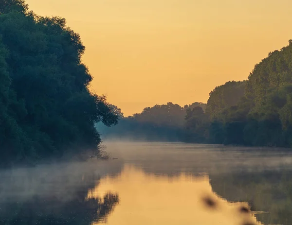 Early Morning River Fog Trees Sunlight Mist Water Olanesti Moldova — Stockfoto