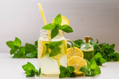 Mojito cocktail or mocktail with lemon, mint, and ice honey in glass jar Summer cold alcoholic non-alcoholic drink, beverage Copy space table