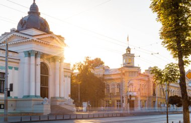 CHISINAU, MOLDOVA - august 20, 2022: City Hall and Organ hall  long exposure ssunset  renovation beautiful architectural monument