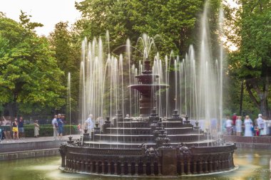 Old Water fountain in the Stefan cel Mare park in the center of Chisinau, capital of Moldova, Eastern Europe beautiful sunset