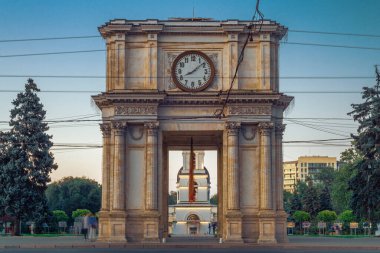 CHISINAU, MOLDOVA - august 20, 2022: Triumphal Arch sunset beautiful light monument national square Victory European Capital center city long exposure