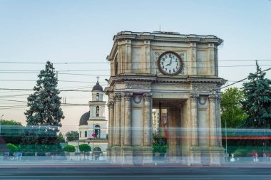 CHISINAU, MOLDOVA - august 20, 2022: Triumphal Arch sunset beautiful light monument national square Victory European Capital center city long exposure