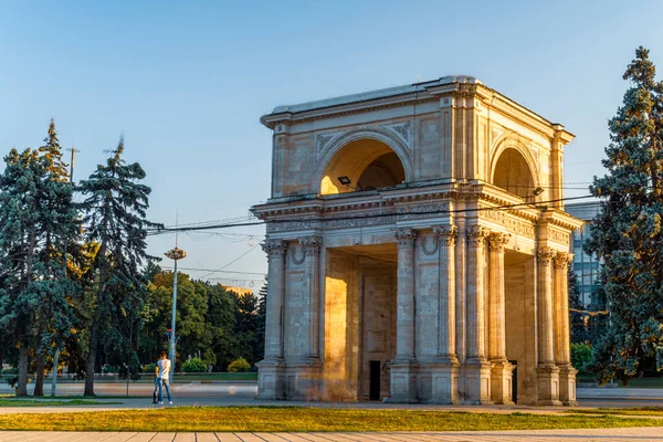 CHISINAU, MOLDOVA - august 20, 2022: Triumphal Arch sunset beautiful light monument national square Victory European Capital center city long exposure