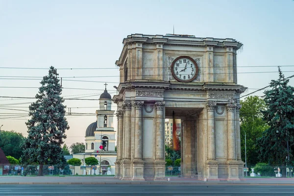 CHISINAU, MOLDOVA - august 20, 2022: Triumphal Arch sunset beautiful light monument national square Victory European Capital center city long exposure