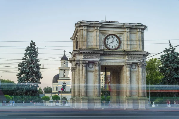 CHISINAU, MOLDOVA - august 20, 2022: Triumphal Arch sunset beautiful light monument national square Victory European Capital center city long exposure
