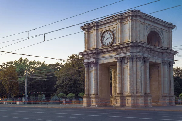 CHISINAU, MOLDOVA - august 20, 2022: Triumphal Arch sunset beautiful light monument national square Victory European Capital center city long exposure
