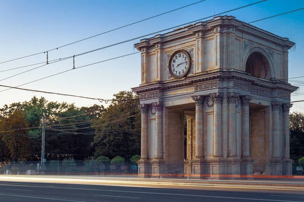 CHISINAU, MOLDOVA - august 20, 2022: Triumphal Arch sunset beautiful light monument national square Victory European Capital center city long exposure
