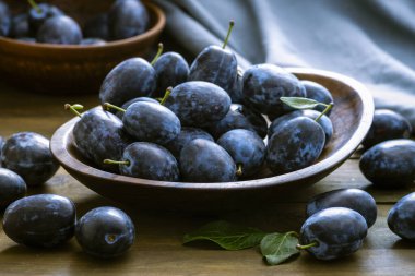 Olgun mavi taze organik tatlı erikler ağaçtan toplanmış, ceviz ağacı kasesi içeride. Sonbahar meyveleri kırsal ahşap kara arka plan yaprak kil hasat