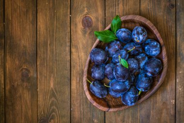 Olgun mavi taze organik tatlı erikler ağaçtan toplanmış, ceviz ağacı kasesi içeride. Sonbahar meyveleri kırsal ahşap kara arka plan yaprak kil hasat