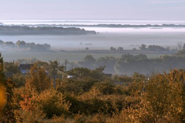 Sonbaharda yamaçta gizemli bir sis, ağaçlar ıslak, nemli orman sisi güzel Olanesti Moldova Panoramik manzara kırsal köy erken sabah nehir dinamosu