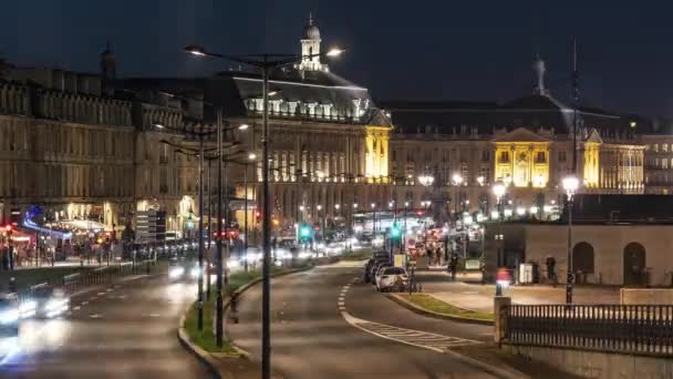 Bordeaux, Francja, Timelapse - Quais i ruch miejski w nocy — Wideo stockowe