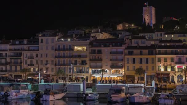 Cannes, Frankrijk, Timelapse - De oude haven van Cannes 's nachts — Stockvideo