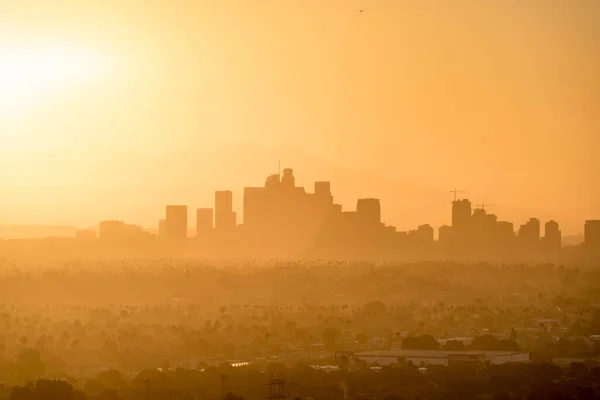 Die Skyline Von Los Angeles Usa Während Des Sonnenaufgangs Nahaufnahme Stockbild