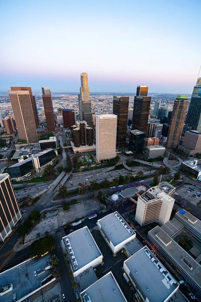 The American city of Los Angeles financial district after the sunset. Picture taken from a helicopter