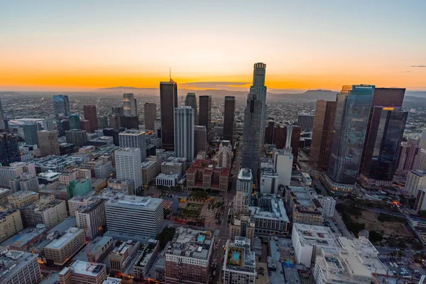 The American city of Los Angeles financial district after the sunset. Picture taken from a helicopter