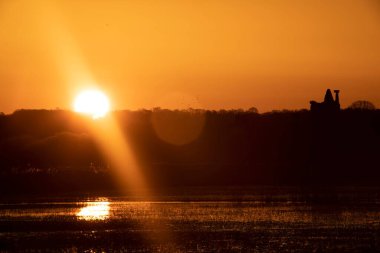 Chateau De La Riviere, Normandiya, Fransa ve Avrupa harabelerindeki beyaz leyleklerin manzarası