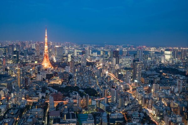 The Tokyo Tower and the streets at dusk. Photograph taken in the Mori musuem