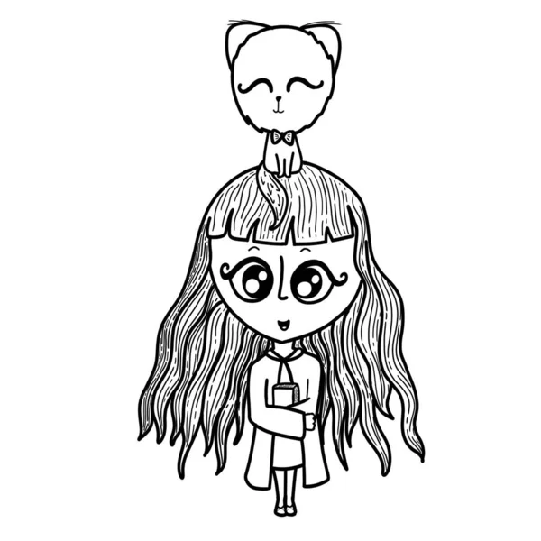 Una chica con el pelo largo en ropa de la escuela con un gato en la cabeza. Libro para colorear en blanco y negro. Ilustración para colorear. — Foto de Stock