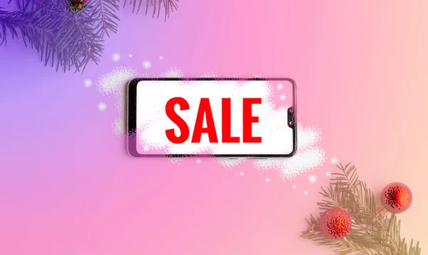 Lettering Sale auf weißem Telefonhintergrund mit Weihnachtsdekoration in den Ecken und künstlerischer Verarbeitung mit einem mehrfarbigen Farbverlauf. — Stockfoto