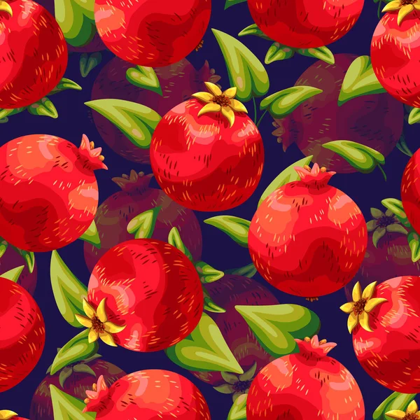 ザクロだ 庭からの赤い果物の美しい絵 ジューシーな新鮮なベリー 緑の葉 パターンとシームレスな暗い背景 — ストックベクタ