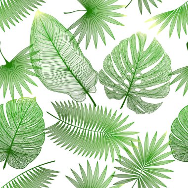 Tropikal yapraklarla kusursuz desen. Vektör illüstrasyonu