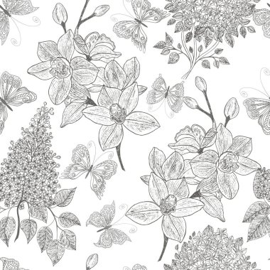 Çiçeklerle kusursuz desen. El çizimi vektör illüstrasyonu.