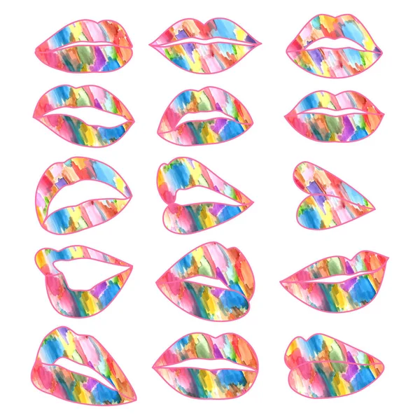 Set Colorful Watercolor Lips Isolated White Background — Stockový vektor