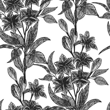 Çiçekler ve yapraklarla kusursuz bir desen. vektör illüstrasyonu