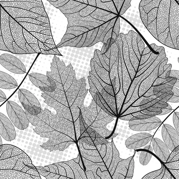 Seamless Pattern Leaves Black White Background Vector Illustration — Stockvektor