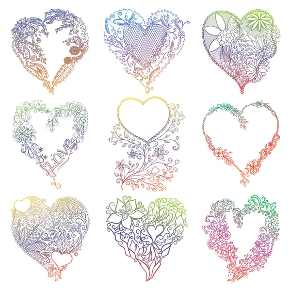 Set Hand Drawn Hearts Heart Flowers — Stock Vector