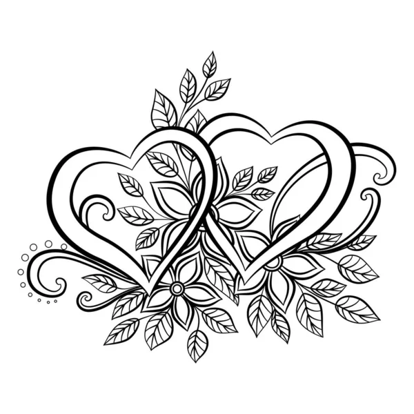 Black White Heart Flowers Leaves — Vector de stock