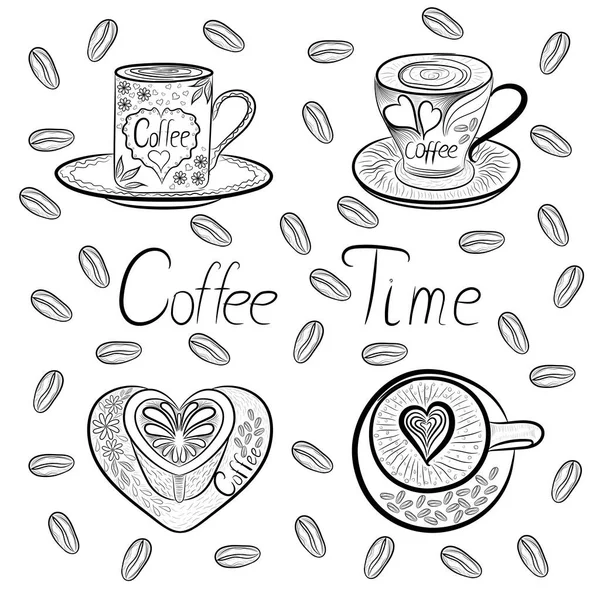 Copo Café Desenhado Mão Com Letras Ilustração Vetorial — Vetor de Stock
