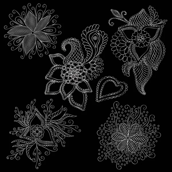 Set Floral Patterns Flowers Leaves Lace Flower Black White — Vector de stock