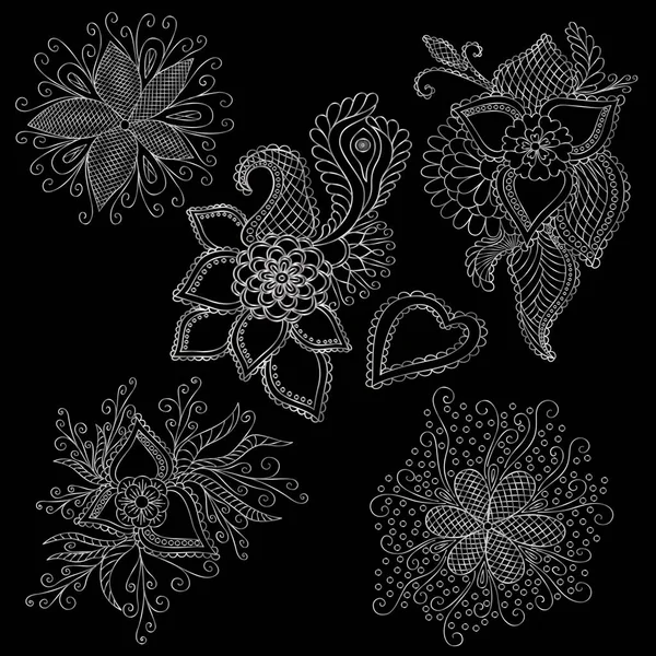 Conjunto Patrones Florales Flores Hojas Encajes Flores Blanco Negro — Vector de stock